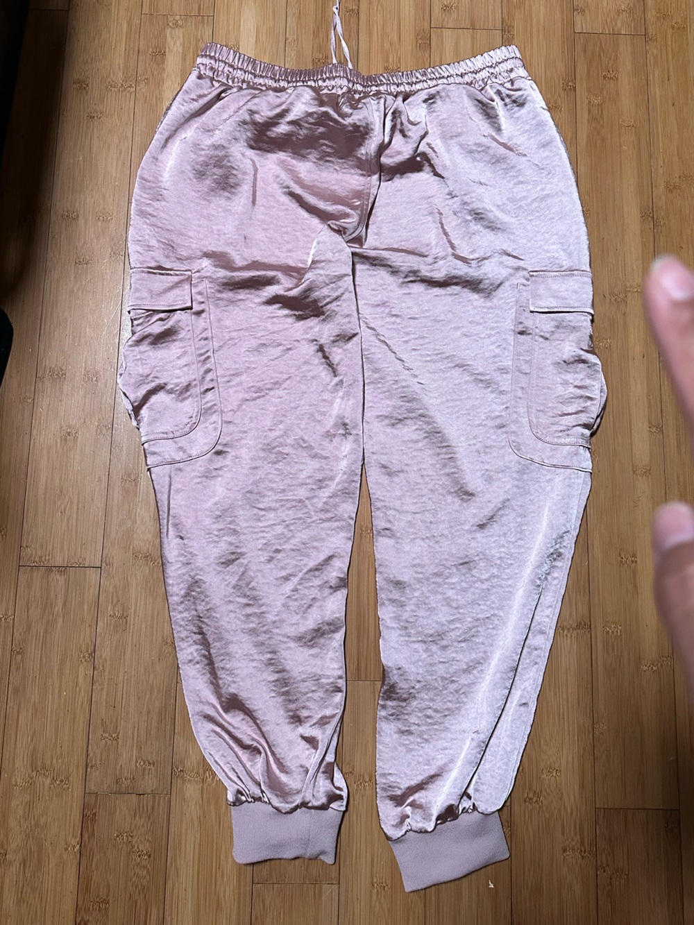 Seleste Drawstring Jogger Pants Pink Satin Cargo Pockets Ankle XL